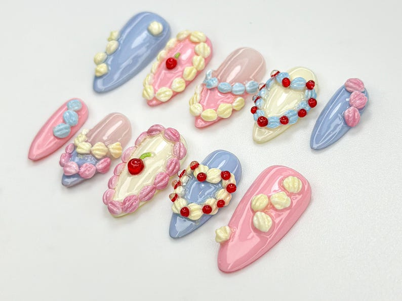 Pastel Birthday Party Press On Nails |Sweet Dessert-Inspired Nails | 3D Pastel Icing & Cream Nail Art | Handmade Birthday Nails | OB808HC