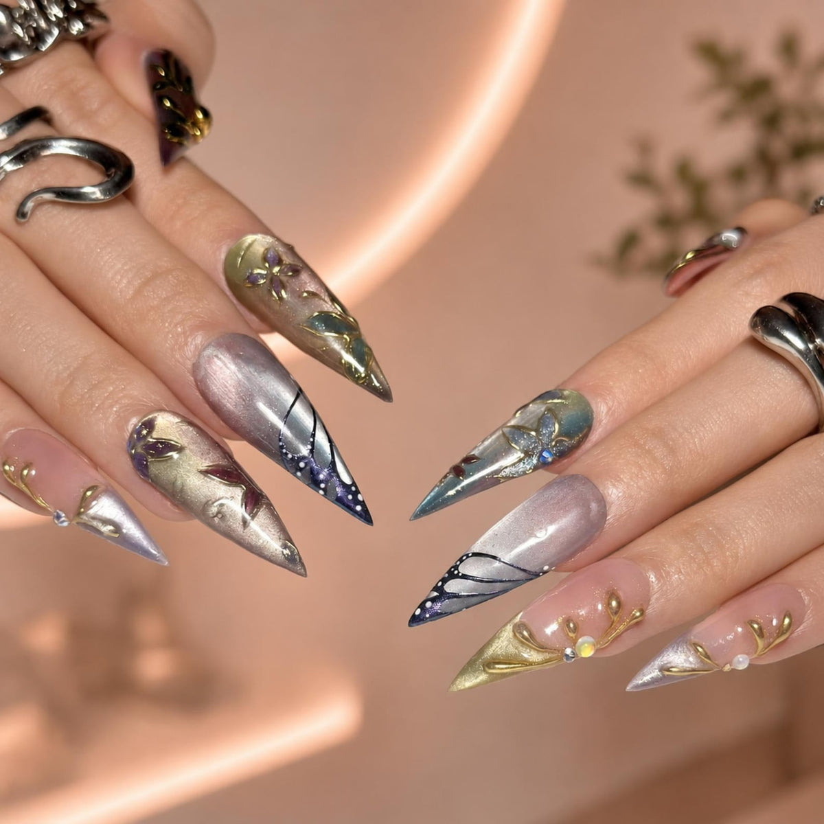 Fairycore Stiletto Press On Nails • Wedding Guest Prom Vibe • 3D Gold Chrome Vine • Butterfly Wing Cat Eye • Whimsigoth Art • OB1363DG