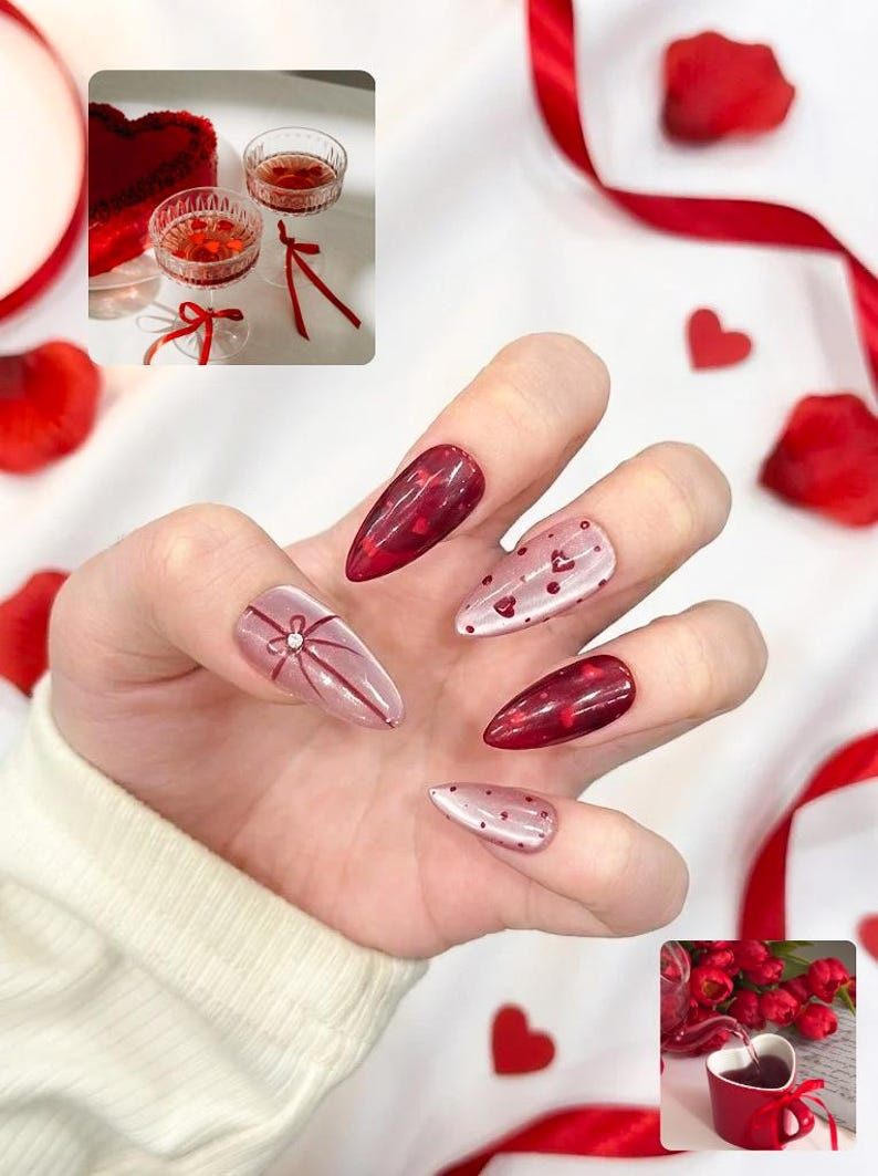 Valentine’s Day Heart Press On Nails | Red & Pink Romantic Nail Set | Handmade Gift for Girlfriend | Elegant Stiletto Fake Nails | OC999GC