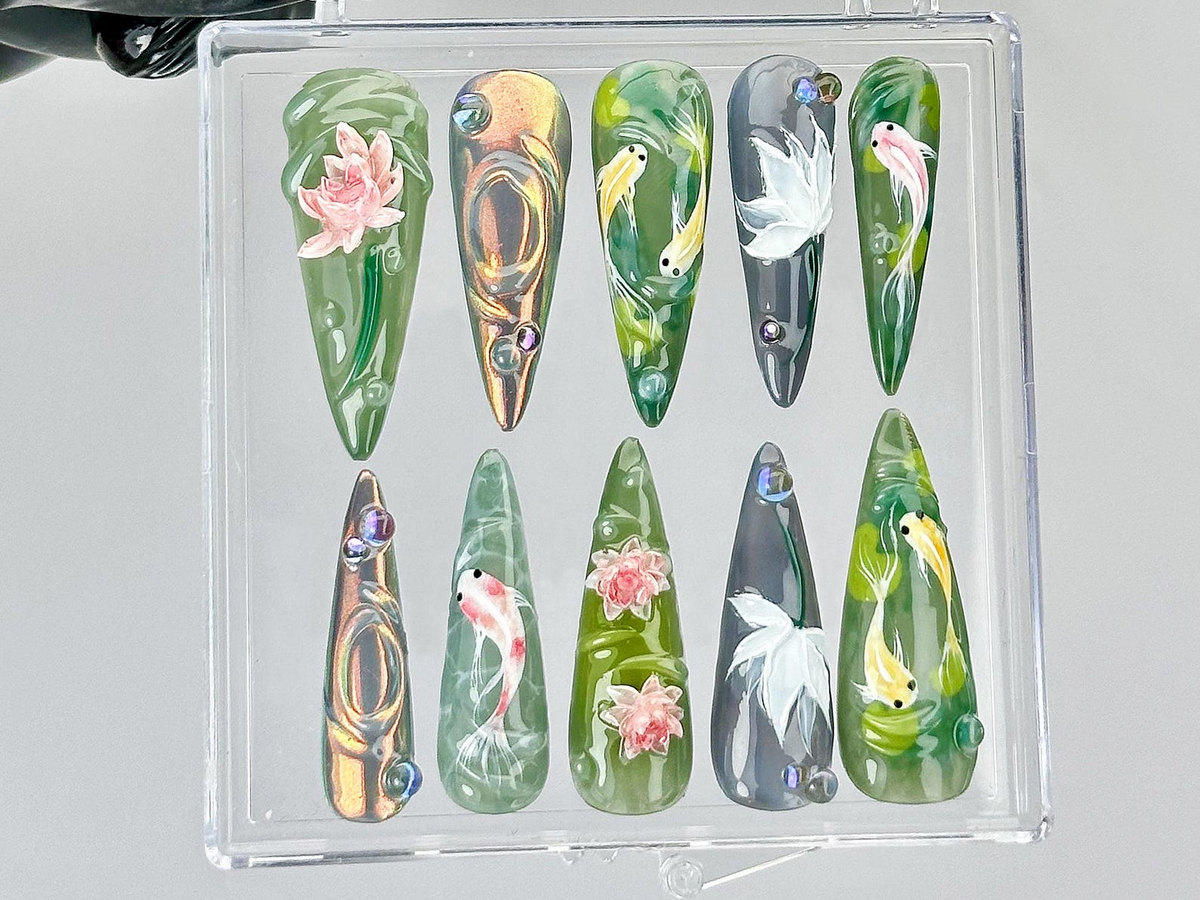 Koi Fish Nail Art by DoryNails | Japanese Pond Acrylic Nails | Water Garden Nail Art | Zen Inspired Fake Nails | Nature Aesthetic | OB808YK
