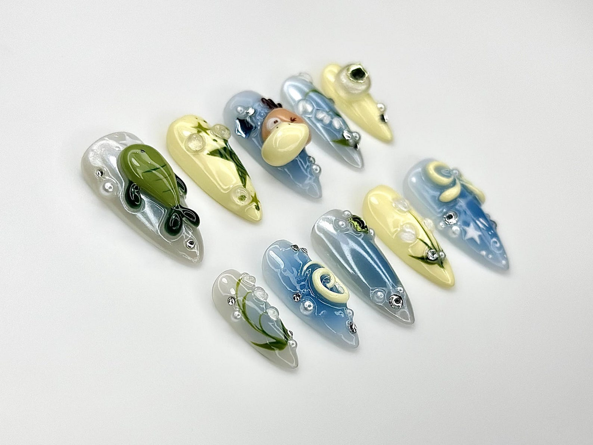 Forest Friends Duckling Press On Nails | Cute Turtle & Nature Nail Art | Lily of the Valley Nails | Green Blue Pastel Nails | OB973EC