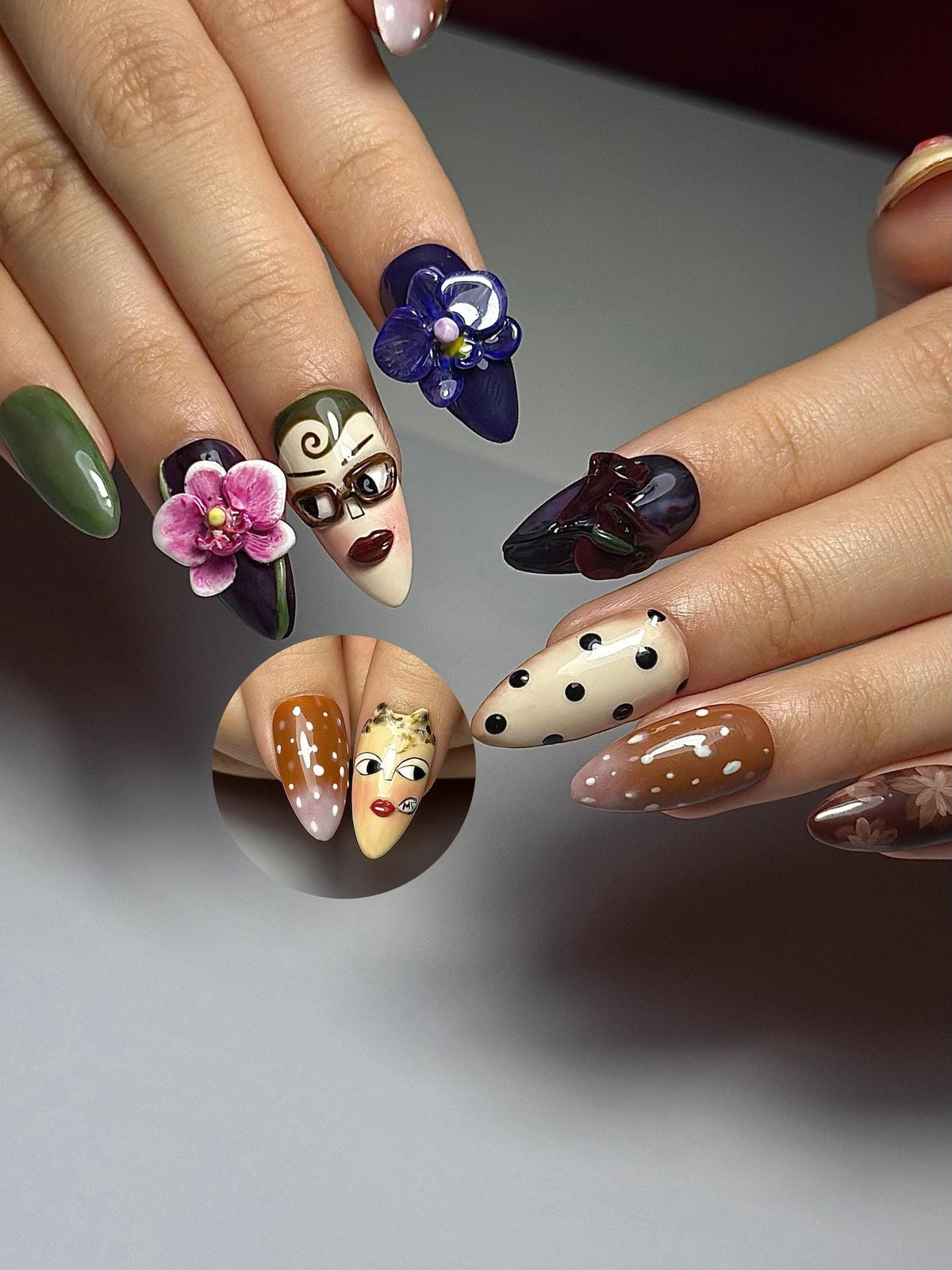 Vintage Doll Face Press On Nails | Abstract Portrait Nail Art | 3D Orchid Nails |Indie Fashion Aesthetic Press Ons |Handmade Nails | OB382HK