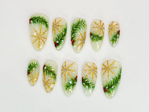 Luxury Christmas Press On Nails | Gold Snowflakes And Pine Accents Fake Nails | Festive Holiday Nail Polish | Seasonal Nail Art | OC650YC