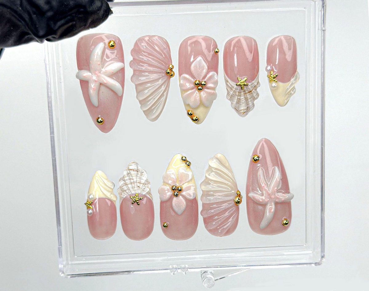 Soft Nude Seashell 3D Press On Nails | Starfish, Shell & Floral Nail Art | Handmade Pastel Nude Beach Nails | OC987EK