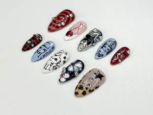 Grunge Cartoon Style Press On Nails | Red & Blue Mismatch Nails | Handpainted Edgy Punk Art | Funky Cartoon Press Ons| Handmade Nail|OC977HC