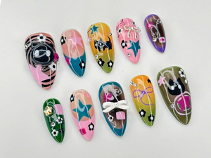 Goth Kawaii Press On Nails | Handmade Black Cat & Star Nail Art | Long Stiletto Glue On Nails | Alternative Aesthetic Gift for Her | OB913DC