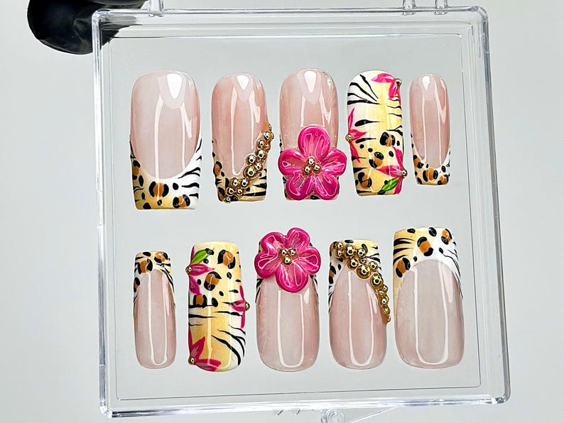 Leopard Floral Press On Nails | Pink Flower Cheetah French Tips Nail Art | Safari Press Ons | Animal Print Fake nails | Wild Animal |OB943YK