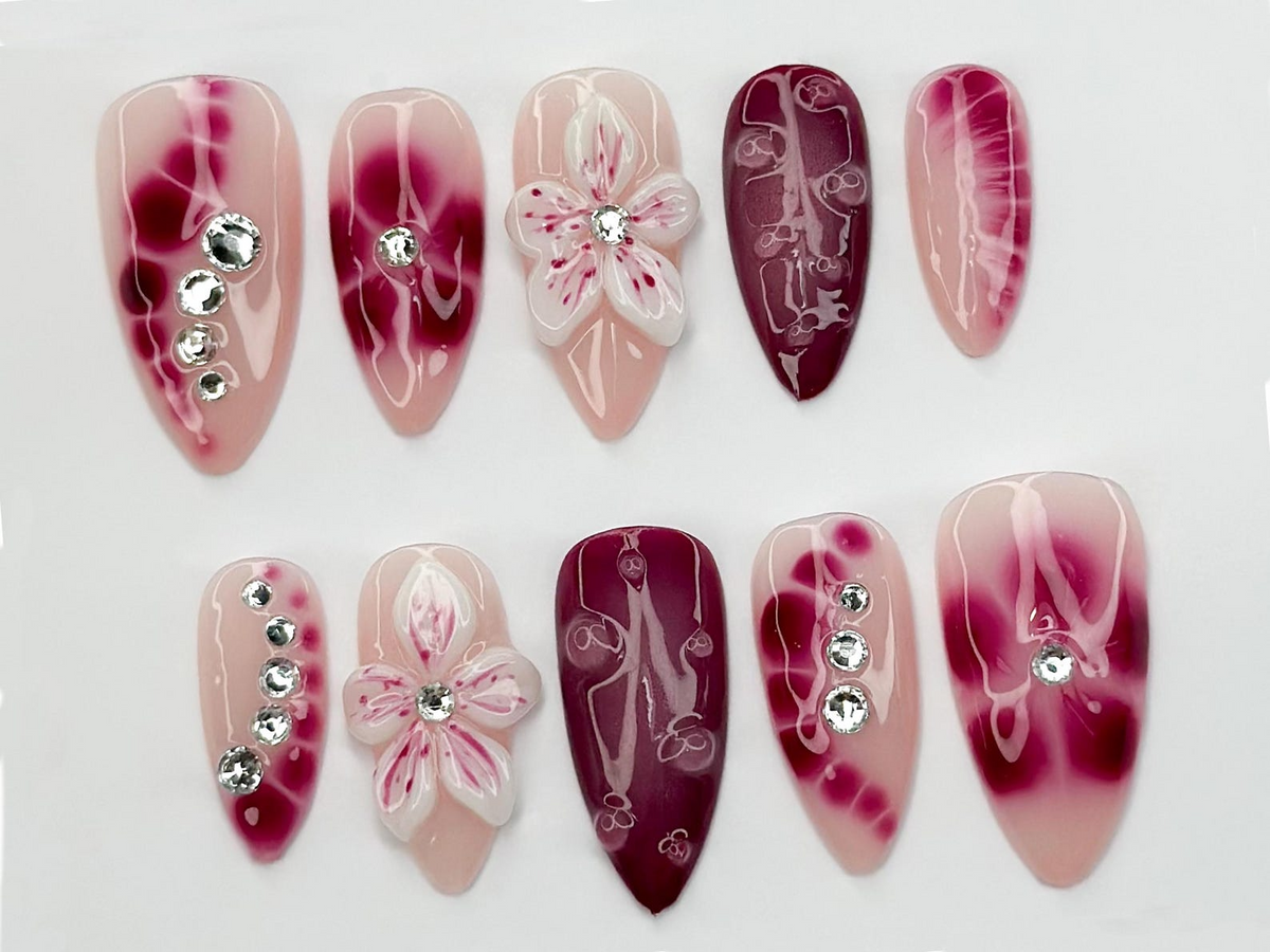 Hand Painted Press On Nails | Floral Accent Nails |3D Flowers - Rhinestone Accents| Perfect for Special Occasions|OB740LK