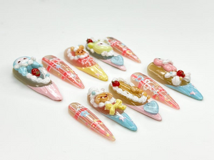 Pastel Fairy Kei Press On Nails | 3D Cartoon Bear Bunny Nail Art | Harajuku Kawaii Fake Nails | Cute 3D Kawaii Nails | cute cute nails |OB580YP