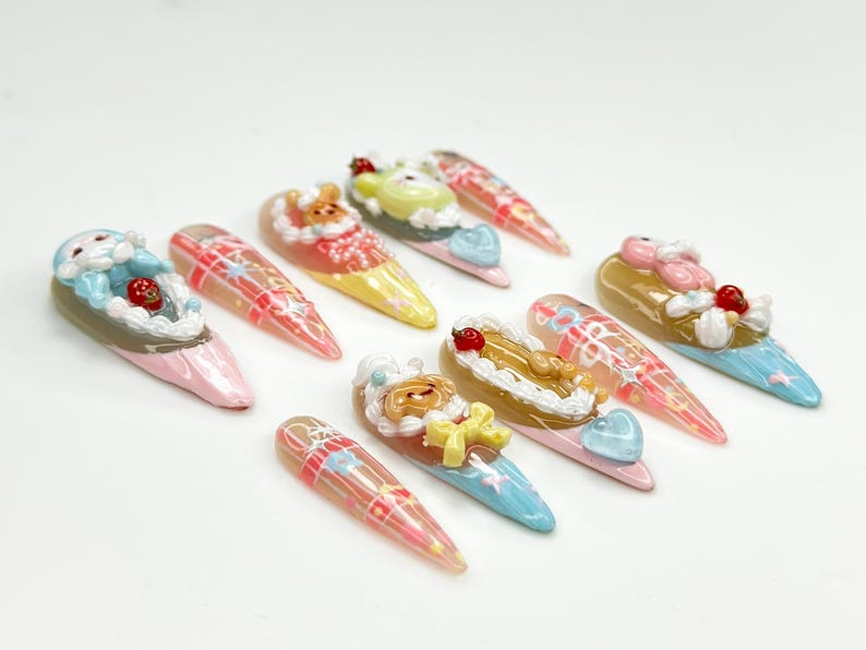 Pastel Fairy Kei Press On Nails | 3D Cartoon Bear Bunny Nail Art | Harajuku Kawaii Fake Nails | Cute 3D Kawaii Nails | cute cute nails |OB580YP