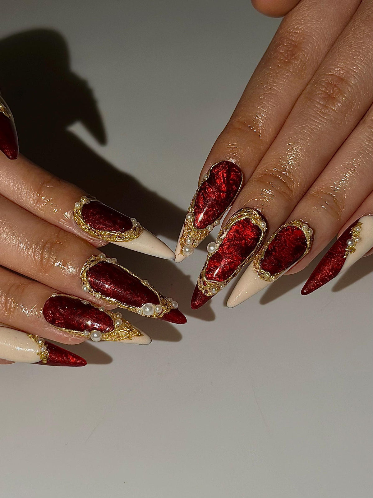 Red Chrome Luxury Press On Nails | Gold Frame Pearl Nail Art | Elegant Burgundy Stiletto Nails | Baroque Glam Nail Design | OC1305HC