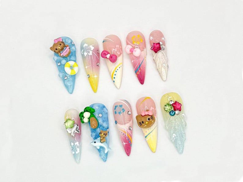 Kawaii Hello Kitty Press On Nails| 3D Tropical Nail Art | Cat & Plaid 3D Nail Set | Handmade Nail Set | Cute 3D Nail Art Design| OB619LC