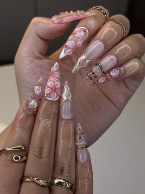 Gold Butterfly & Lily Nails | Pink Fairycore Press Ons | Luxury Floral Celestial Stiletto Art | Royal Fairy Nails | OB386IC