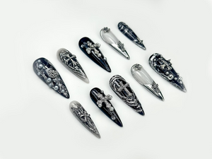 Gothic Cross Elegance Press On Nails | Black & Silver 3D Nail Art | Intricate Crosses And Pearls | Dark Gothic Fantasy Nails |OB1045EP