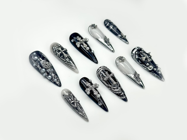 Gothic Cross Elegance Press On Nails | Black & Silver 3D Nail Art | Intricate Crosses And Pearls | Dark Gothic Fantasy Nails |OB1045EP
