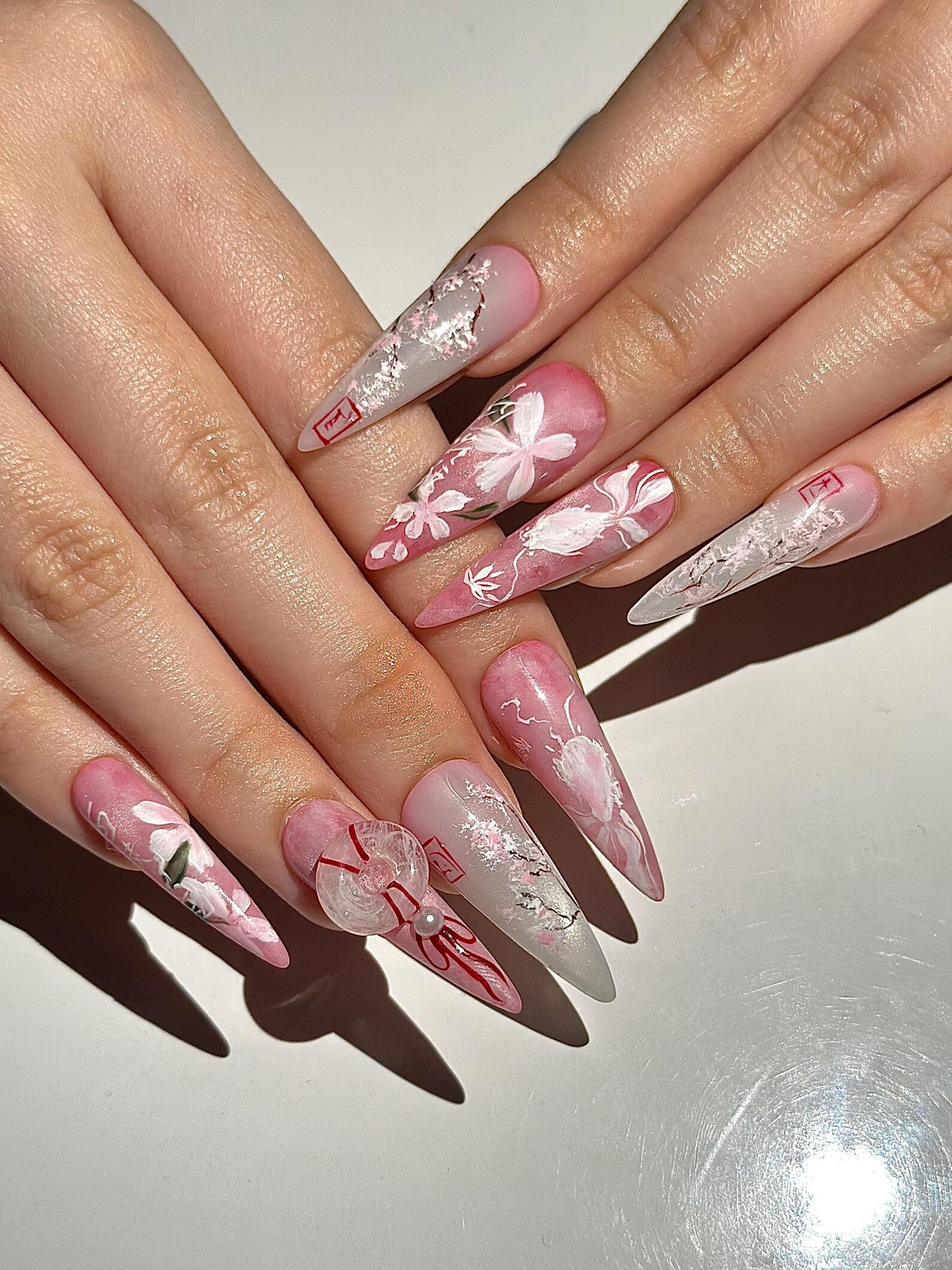 Pink Blossom Press On Nails | Pink Jelly Floral Nails | Asian Flower Nails | Romantic Spring Nails | Handmade Stiletto Press Ons | OB312HC