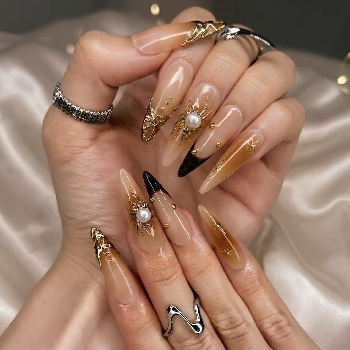 Gold Sun Pearl Press On Nails | Shiny Jelly Brown Nails | Luxury Gold Swirl Art | Bold Party Night | Elegant Prom Wedding Set | OB95DK