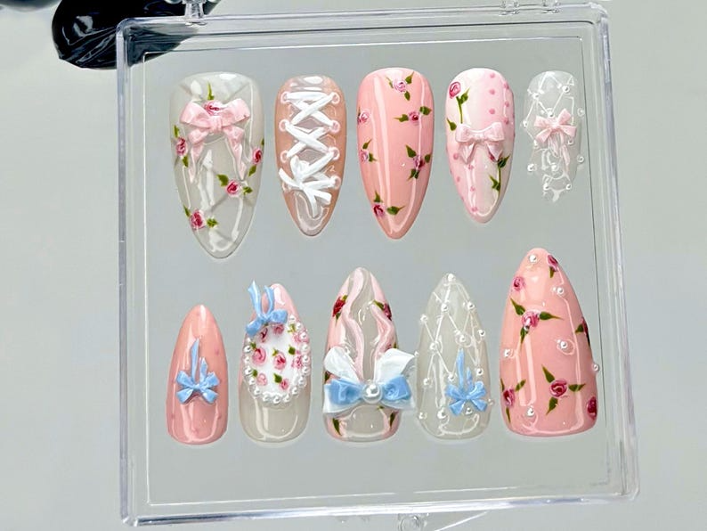 Balletcore Rose Press On Nails | Floral Lace Fake nails| Vintage Rose Nail Art | Feminine Handmade Kawaii Nails | Luxury Nails | OB940YC