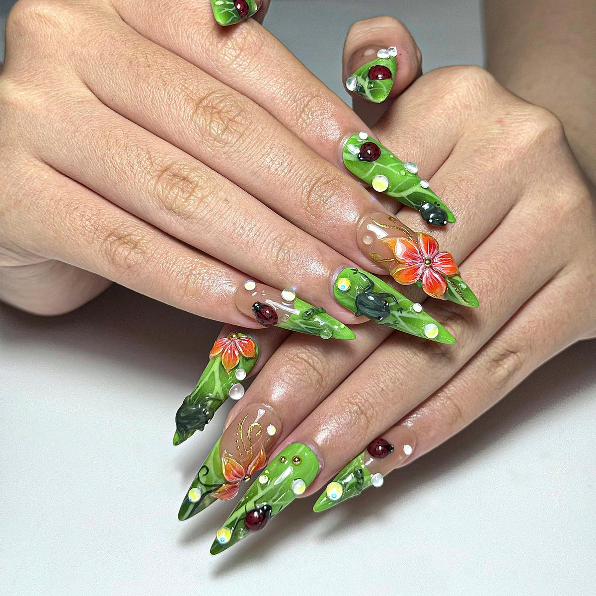 Green Floral Press On Nails with Ladybug and Pearl | 3D Nature Nails in Long Almond | Handmade Spring Nails for Wedding, Vacation | OB330N