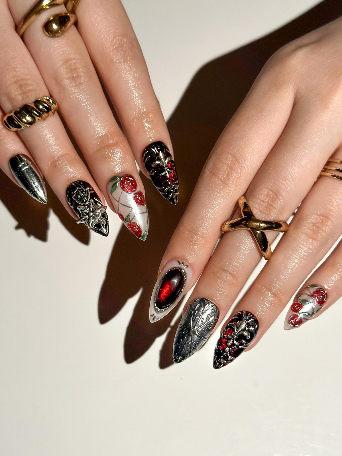 Gothic Rose Black Press On Nails | Dark Red Black Luxury Nail Art | Baroque Armor Stiletto Nails | Handmade Gothic Statement Nails| OB1286EC