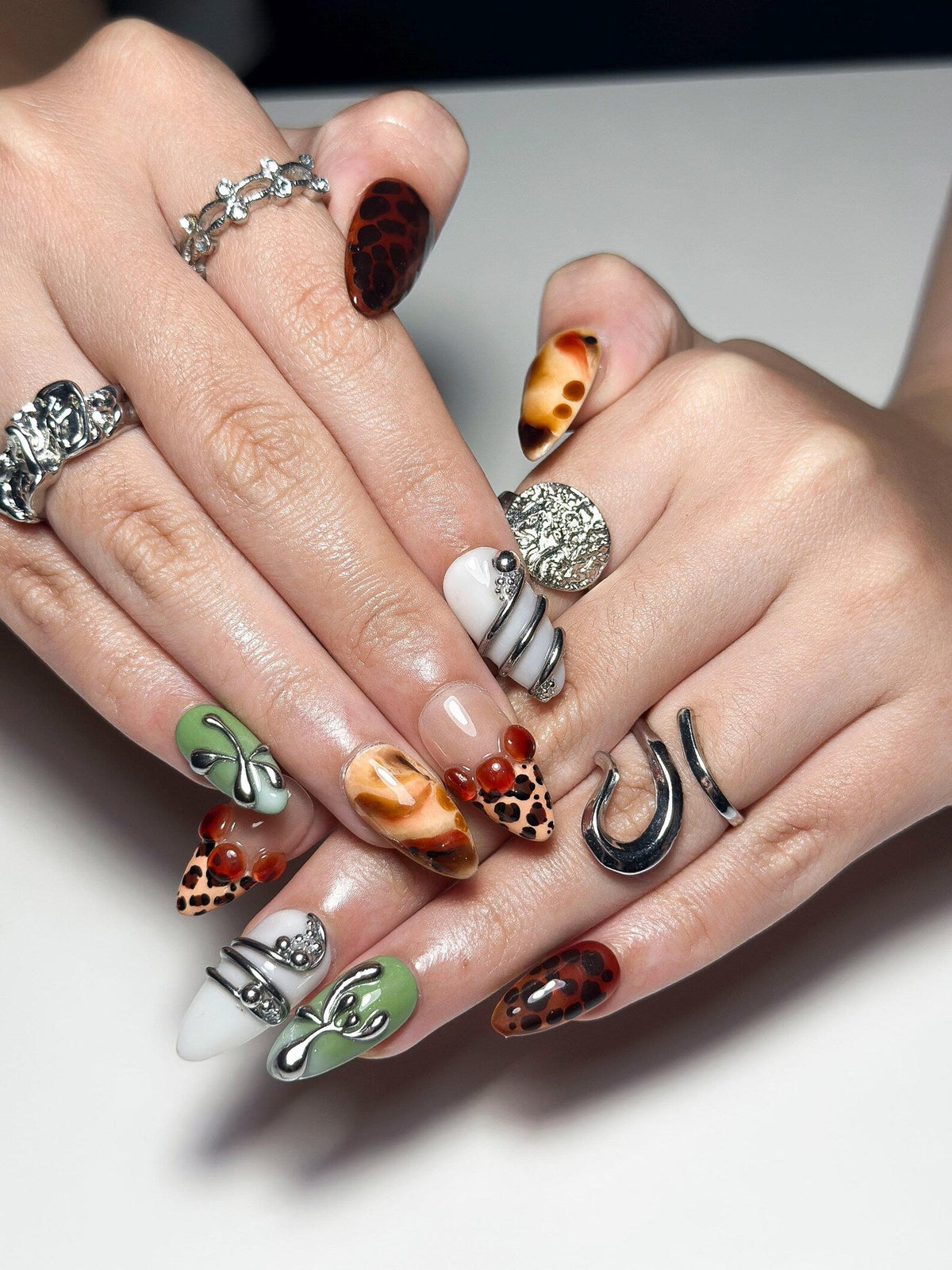 2026 Trend: Biomorphic Amber & Moss Nails | Tortoiseshell Cyber-Grunge Press Ons | Liquid Metal Silver Art | Earth-Tone Future Nails| OB363IC