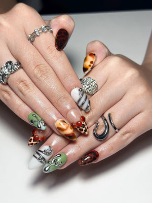2026 Trend: Biomorphic Amber & Moss Nails | Tortoiseshell Cyber-Grunge Press Ons | Liquid Metal Silver Art | Earth-Tone Future Nails| OB363IC