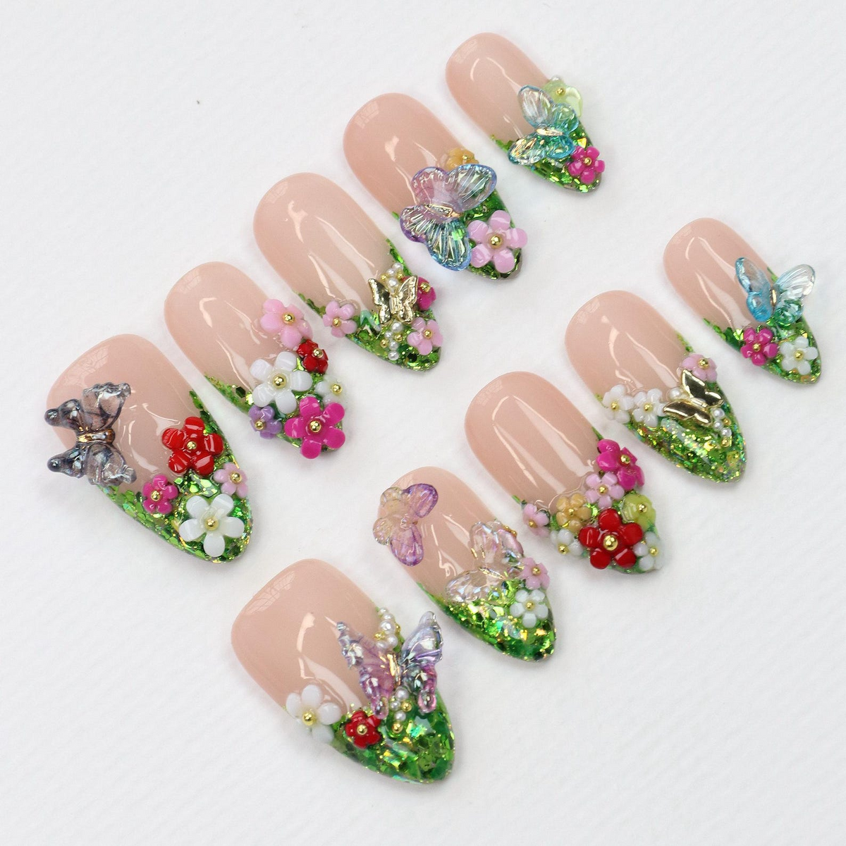 Green Glitter Press On Nails | Handcrafted Freestyle Forest-Inspired Secret Garden Nails | Custom 3D Butterfly Floral Fake Nails Art | Y2K Gifts OB906L