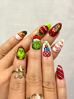 Grinch Mischief Press On Nails For Christmas | Cute Cartoon Winter Nail Art | Funny Holiday Nails | Red Green Christmas Set |OB227EG