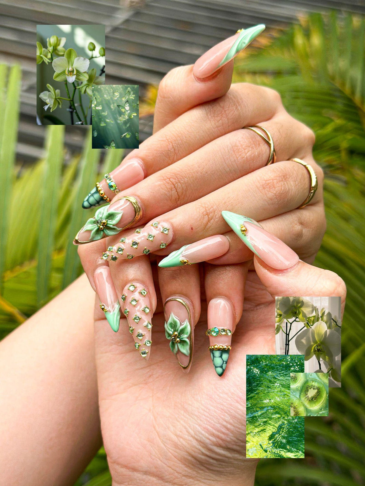 Jade Green Press On Nails with 3D Flower and Gold Detail | Elegant Floral Nails in Almond Shape | Luxury Nails | OC342NC