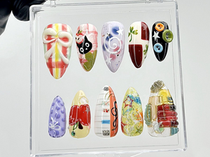 Jiji Cat & Colorful Abstract Press On Nails | Unique Cartoon Fake Nails | Whimsical Art Nail Art | Mixed Media Press Ons | Summer | OB880YC