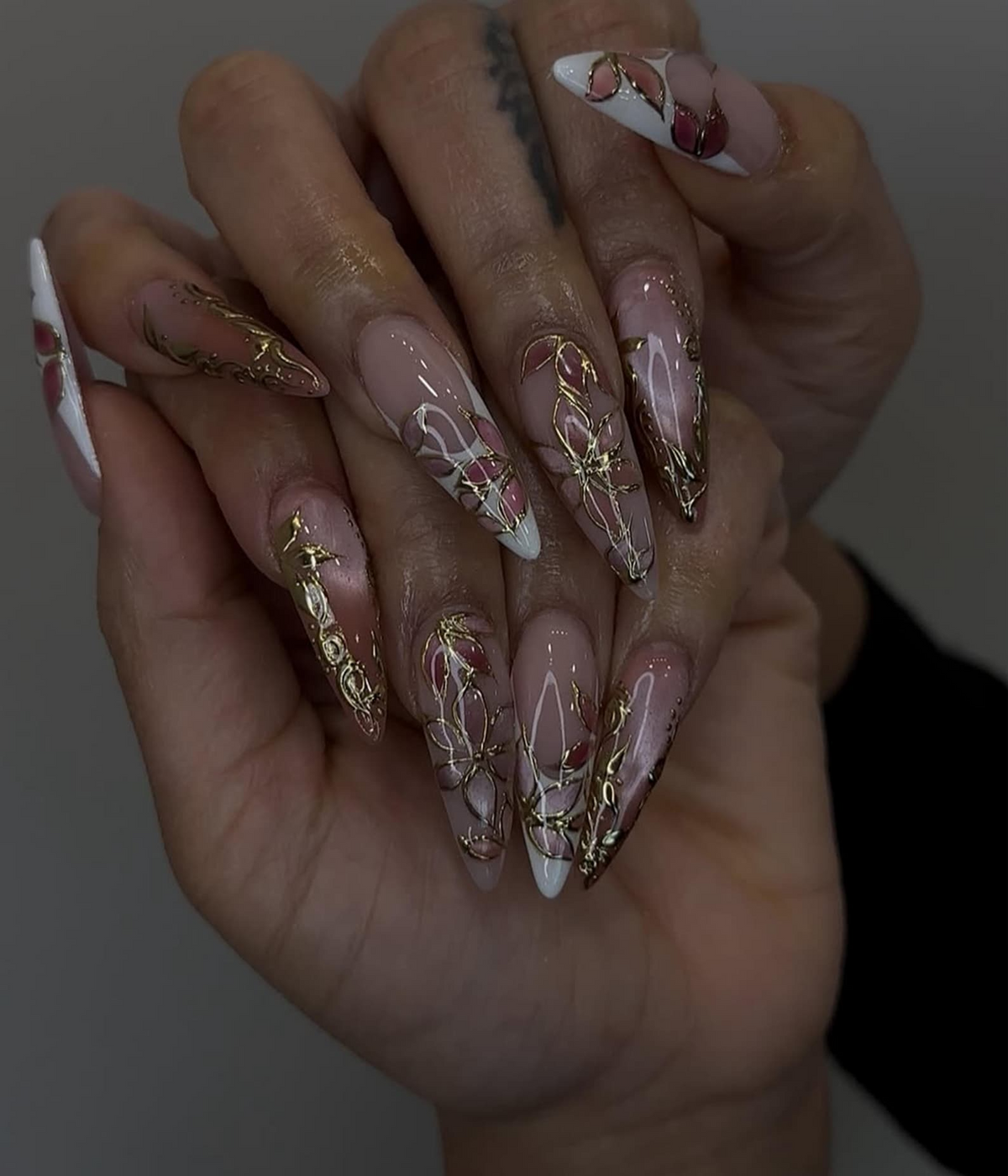 Elegant Pink Press On Nails | Blush Floral Nail Art | 3D Gold Vine Nails | Romantic Wedding Nails | Handmade Luxury Press Ons| OC842H