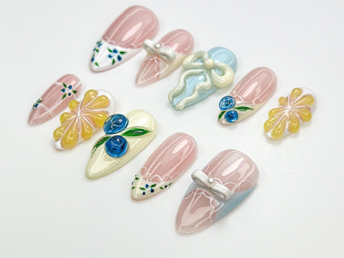 Lace French Tip Press On Nails | Blueberry Floral Nails | Kawaii Vintage Ribbon Nail Art | 3D Bow Pink Press Ons | Pastel Nails | OC886HC