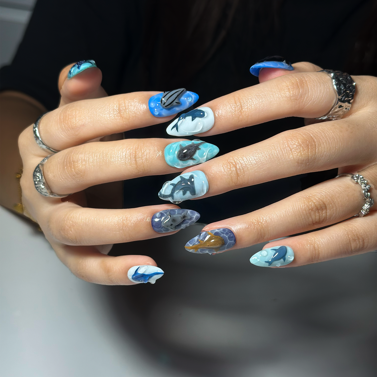 Handmade Shark Press On Nails | 3D Great White Shark Nails | Hammerhead Whale Shark | Shark Blue Sea Ocean Nails | Gift for Her OB410LK