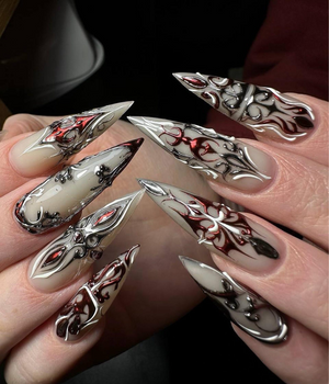 Red Silver Gothic Press On Nails | 3D Gothic Warrior Nail Art | Handmade Red Silver Metallic Nails | Dark Fantasy Armor Tips | OB803HK