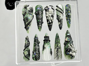 Emerald Witch 3D Press On Nails | Spooky Witch Nail Art | Creepy Cute Press Ons | Black Green Horror Fake nails | 3D Creepy Nails | OB945YC