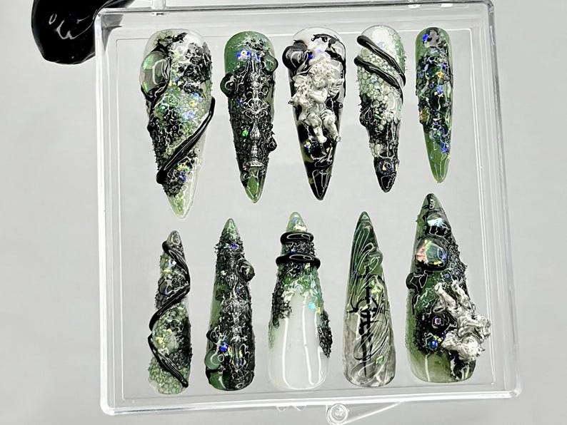 Emerald Witch 3D Press On Nails | Spooky Witch Nail Art | Creepy Cute Press Ons | Black Green Horror Fake nails | 3D Creepy Nails | OB945YC