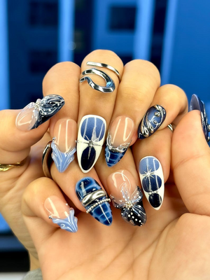 Winter Midnight Spark Press On Nails | Blue Chrome Nail Art | Silver Star 3D Nails | Elegant Winter Press Ons | OB214EC