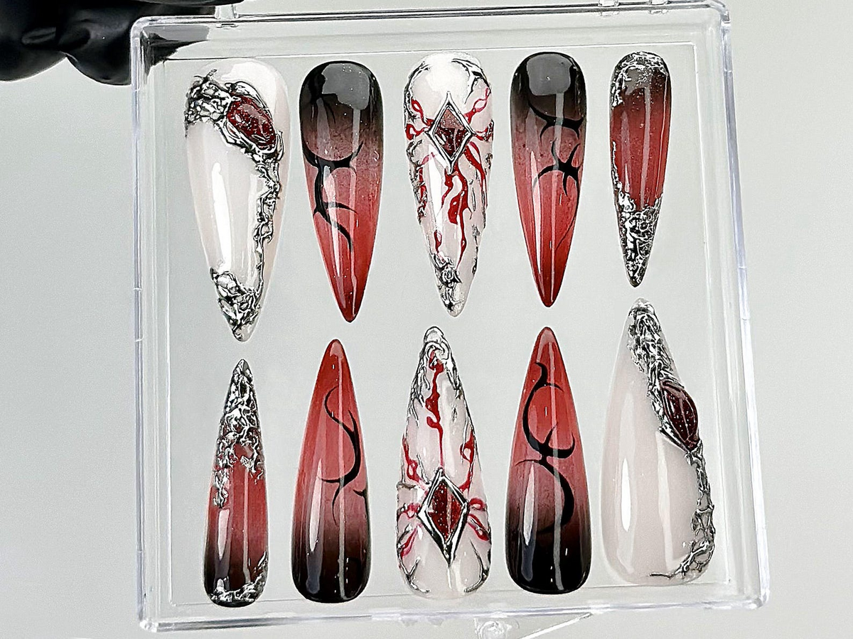 Gothic Fantasy Press On Nails | Dark Glam Fake Nails | 3D Red & Black Flame Nail Art | Handmade Dark Press Ons | Blood Nail Art | OB879YC