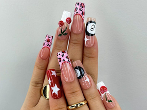 Retro Cherry Leopard Press On Nails | 8 Ball & Red Star Nail Art | Pink Leopard Print Nails | Handmade Pop Art Nail Set | OB115EC