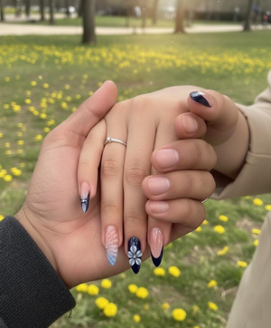 Midnight Blossom Spring Press On Nails | Navy Floral Ombré Nail Art | Luxury Floral Blue Nails Set | Elegant Blush Ombre Nails | OC1240EC