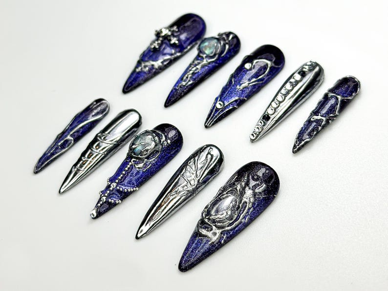 Chrome Purple Press On Nails | Midnight Cross Galaxy Nails | Gothic Celestial Nail Art | 3D Moonstone Nail Design | Mystical Nails | OC862H