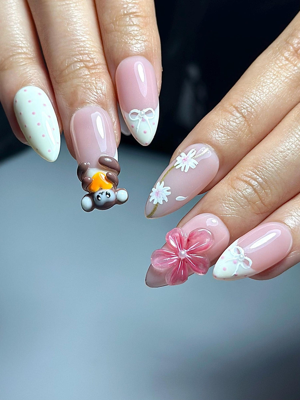 Soft Pink Mokey Press On Nails | Cute Bow & Daisy Nail Art | Kawaii Nails | Elegant Spring Nail Design| Handmade Romantic Press Ons| OC329HC