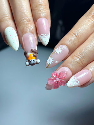 Soft Pink Mokey Press On Nails | Cute Bow & Daisy Nail Art | Kawaii Nails | Elegant Spring Nail Design| Handmade Romantic Press Ons| OC329HC