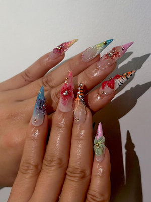 Spring Blossom Fantasy Press On Nails | Colorful Floral Spring Nails | Pastel Garden Stiletto Nails | Fresh Spring Bloom Art Nails | OB1011EC