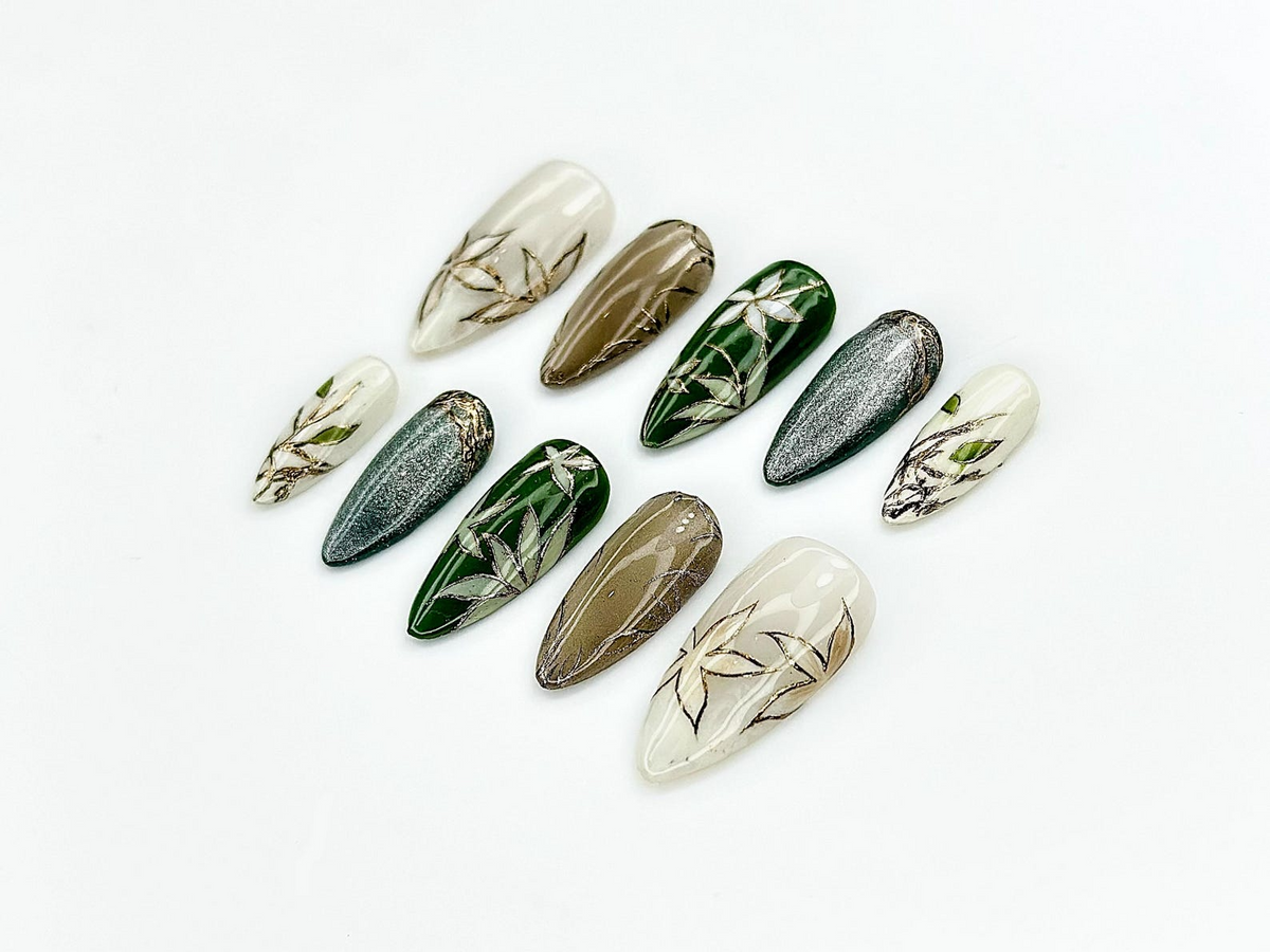 Jade Garden Serenity Press On Nails | Chinese Ink Painting Style | Lotus Bloom & Jade Charm Nails | Elegant Floral Nail Art | OC105EK