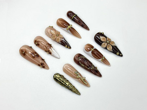 Autumn Brown Gold Press On Nails | 3D Floral Nail Art | Fall Inspired Nail Set | Handmade Neutral Nails | Elegant Long Press Ons | OC1121BK