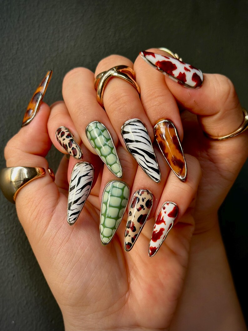 Luxe Leopard Press On Nails | Zebra, Leopard & Croc Nail Art | Handmade Safari-Inspired Press Ons | Mixed Animal Print Nails | OB1085HC