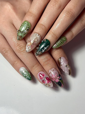 Asian Inspired Luxury Press On Nails | Jade Green Gold Floral Nails | Handpainted Pagoda Nail Art | Elegant Statement Press Ons | OB309HC