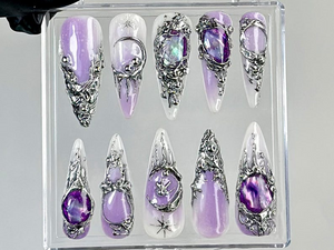 Gothic Purple Press On Nails | Dark Glam Fake Nails | Silver and Purple Nail Art | 3D Gothic Purple Fake Nails | Gothic Nails | OC737YC