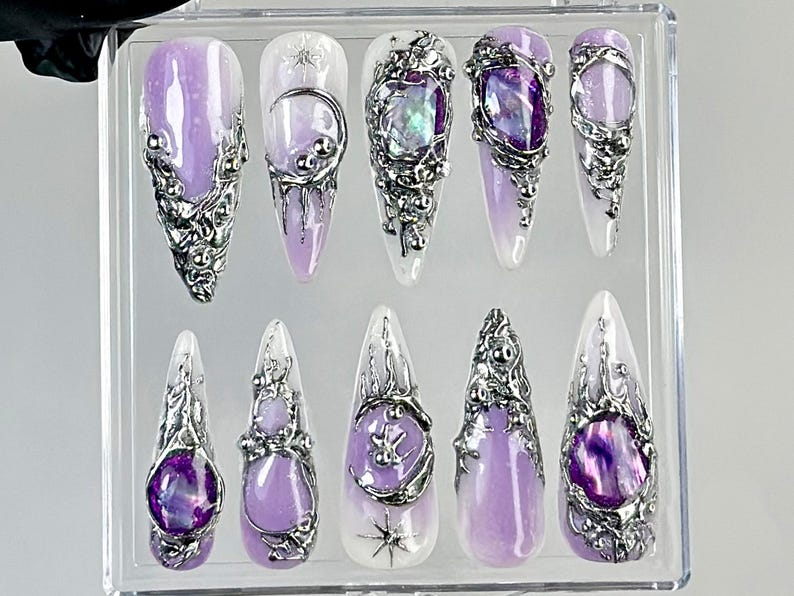 Gothic Purple Press On Nails | Dark Glam Fake Nails | Silver and Purple Nail Art | 3D Gothic Purple Fake Nails | Gothic Nails | OC737YC